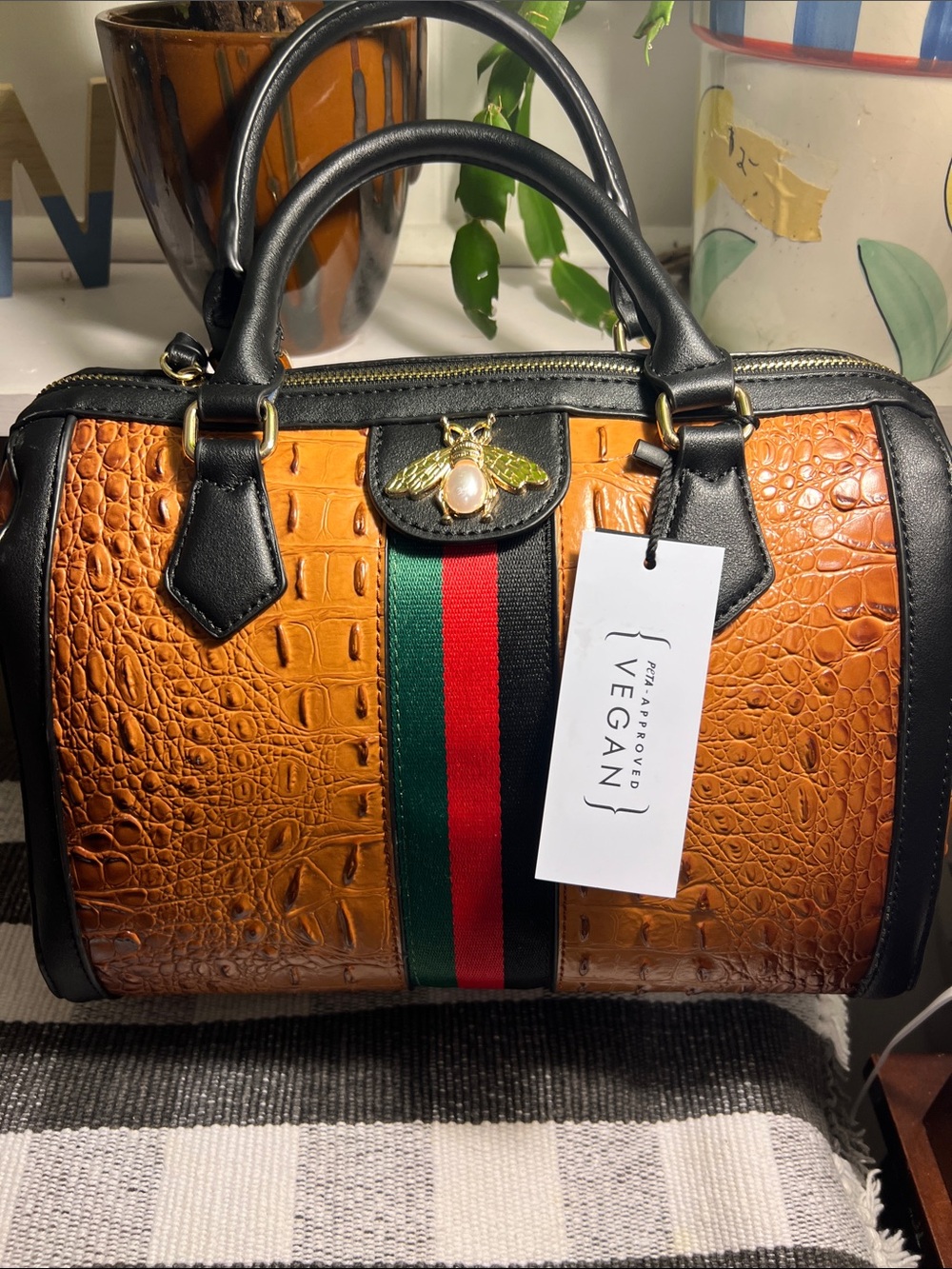 Vegan Croc Alligator Queen Bee Stripe Boston Bag Satchel